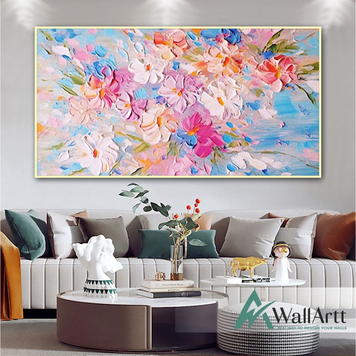 Pink Blue Flowers 3d Heavy Textured Partial Oil Painting